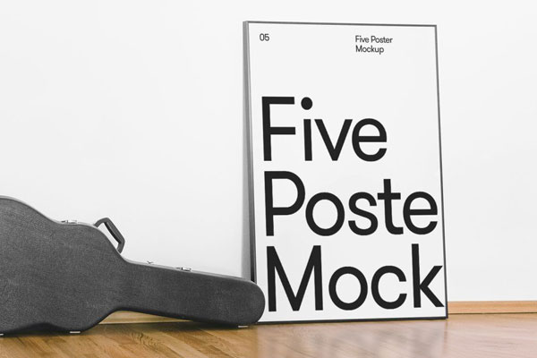 Mockup Showcasing Side View of Poster Against Wall Beside Guitar Case