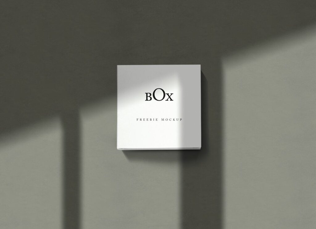 Mockup Showcasing Square Box in Four Different Scenes with Overlayed Shadows