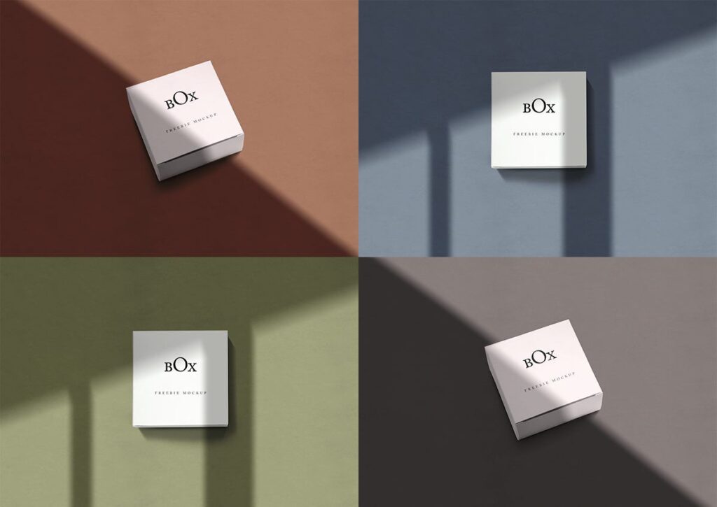 Mockup Showcasing Square Box in Four Different Scenes with Overlayed Shadows