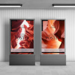 Mockup Showcasing Two Poster Stands in Underground Setting