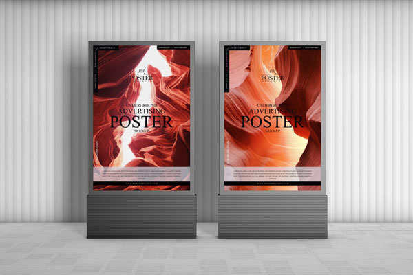 Mockup Showcasing Two Poster Stands in Underground Setting
