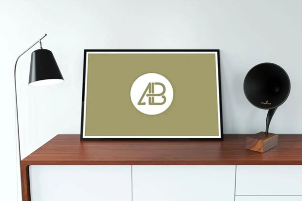 Mockup Showcasing Wide Poster on Wooden Table