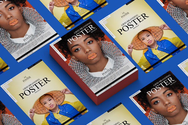 Mockup Showing a 3D Poster Surrounded by a Grid of Paper Posters