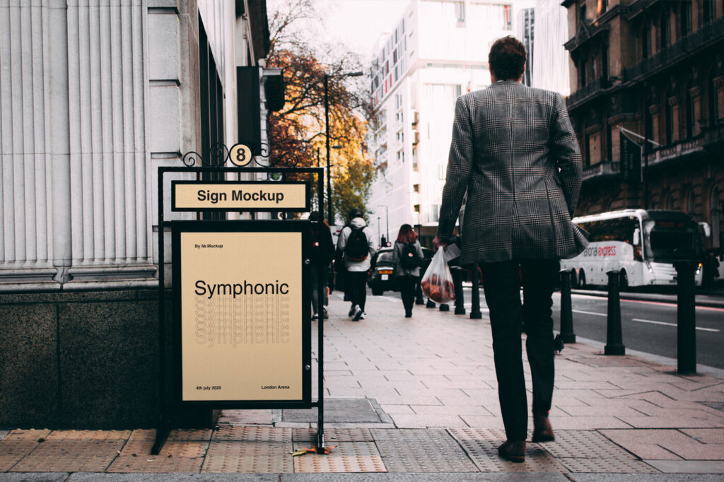 Mockup Showing a Metal Stand Sign on a Sidewalk