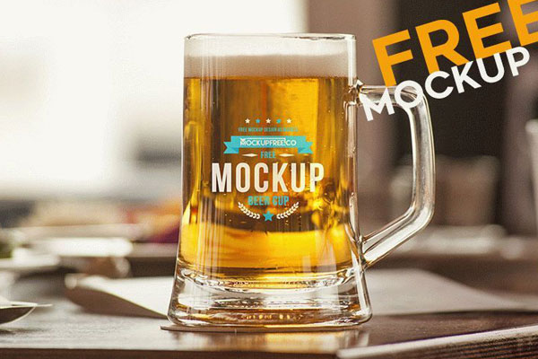 Mockup Showing Big Beer Cup with Handle on Wooden Texture