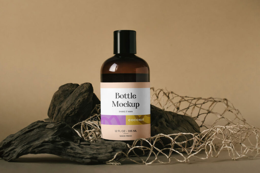 Mockup Showing Big Plastic Bottle in a Scene Decorated with Wood and Net