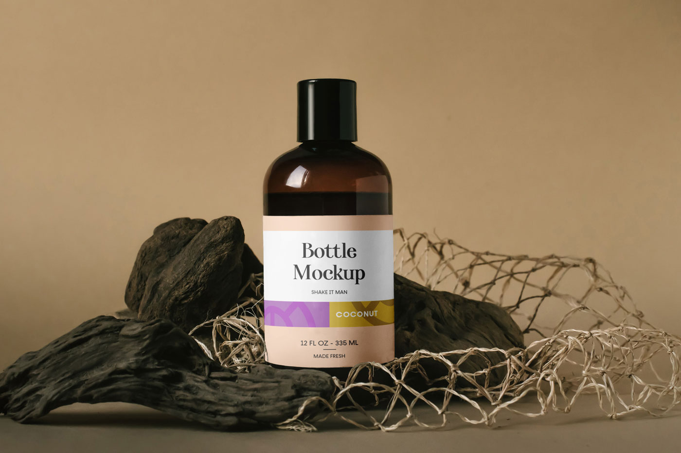 Mockup Showing Big Plastic Bottle in a Scene Decorated with Wood and Net FREE PSD