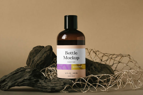 Mockup Showing Big Plastic Bottle in a Scene Decorated with Wood and Net