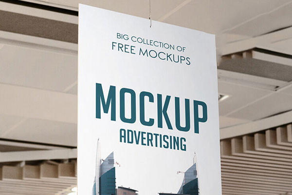 Mockup Showing Huge Hanging Poster with a Blurry Supermarket Scene
