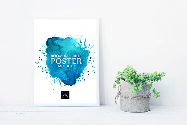 Mockup Showing Indoor Scene of Poster Next to Concrete Vase