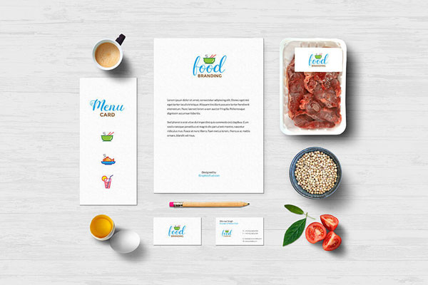 Mockup Showing Letterhead, Menu, Business Cards in Food Scene