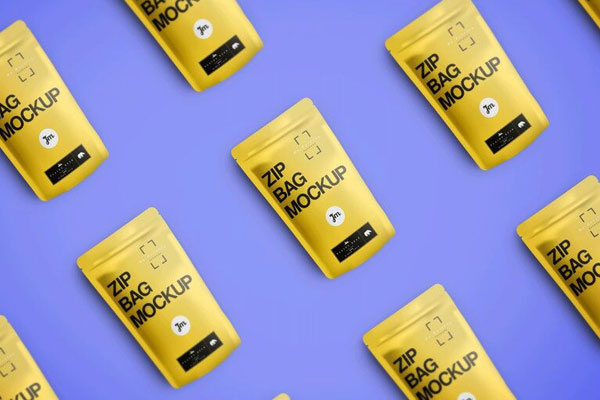 Mockup Showing Perspective View of a Grid of Zip Pouch Bags