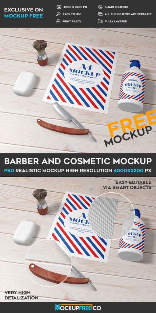 Mockup Showing Poster and Bottle in Barber Cosmetic Setting