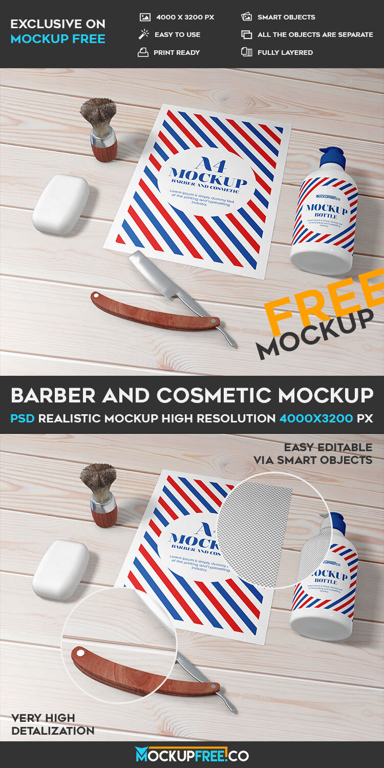 Mockup Showing Poster and Bottle in Barber Cosmetic Setting FREE PSD