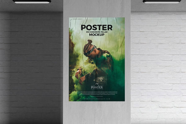 Mockup Showing Poster on Concrete Pillar with Brick Wall Background