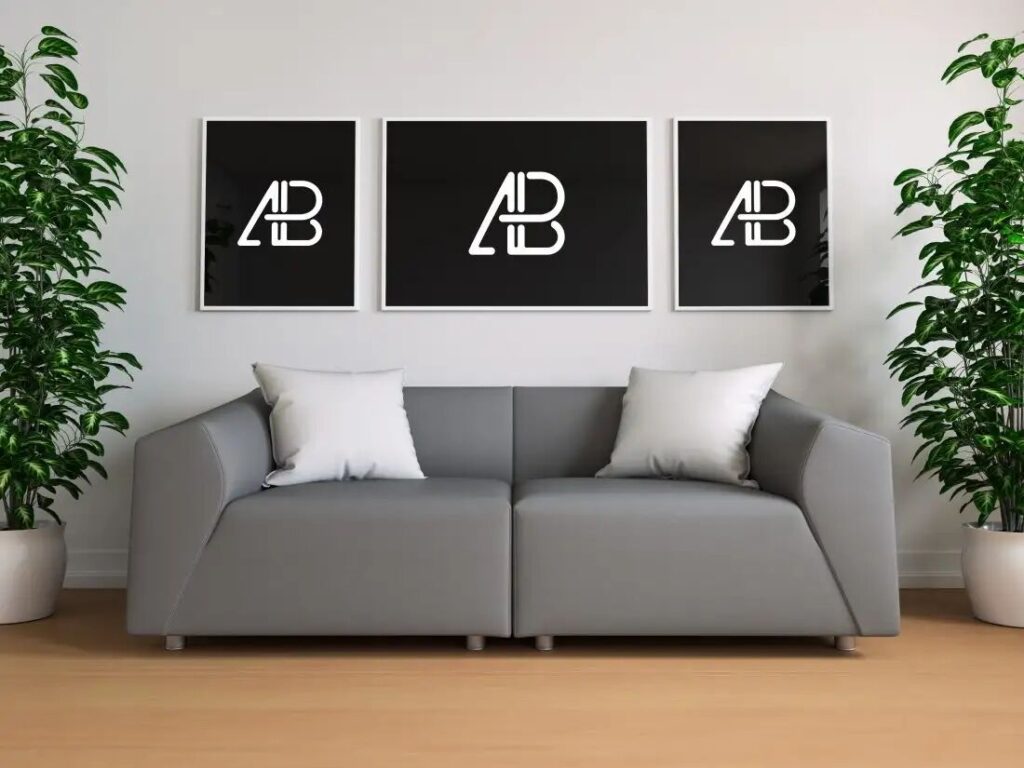 Mockup Showing Three Posters in Living Room Above a Sofa