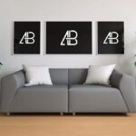 Mockup Showing Three Posters in Living Room Above a Sofa