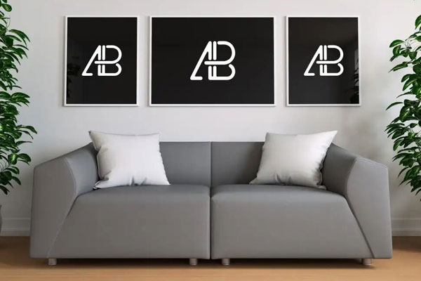 Mockup Showing Three Posters in Living Room Above a Sofa
