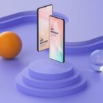 Mockup Showing Two Samsung Galaxy S20 Floating Above Circular Stand