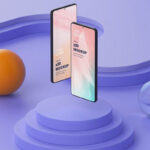 Mockup Showing Two Samsung Galaxy S20 Floating Above Circular Stand