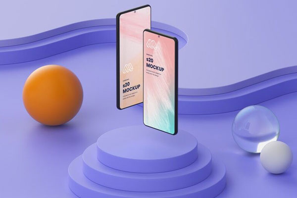 Mockup Showing Two Samsung Galaxy S20 Floating Above Circular Stand