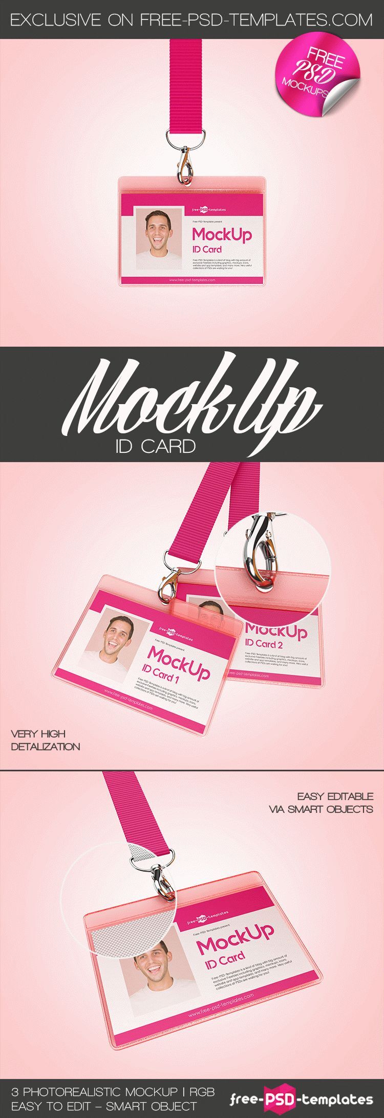 Mockups Showing ID Card with Holder in Three Shots FREE PSD