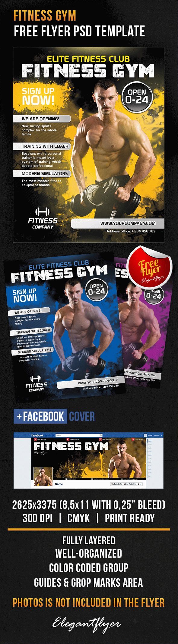 Modern Color-Splash Gym and Fitness Flyer and Facebook Cover Template FREE PSD