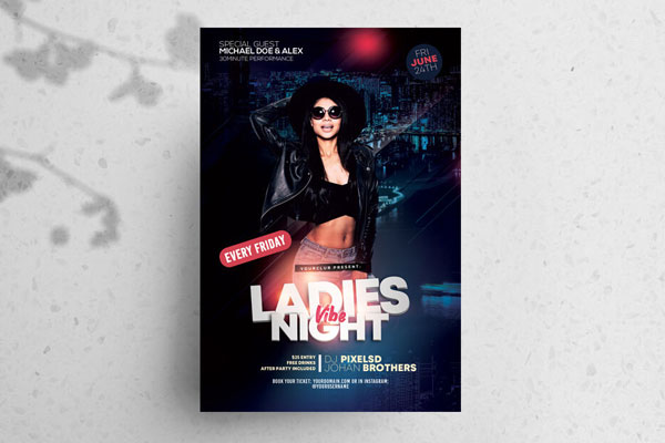Modern, Dark Ladies\ Girls Night Flyer Template with City Background flyer preview