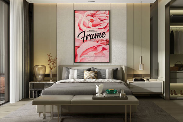Modern Room Above-Bed Vertical Picture Frame Mockup