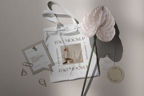 Mood Board Mockup with Fabric Bag and 2 Labels