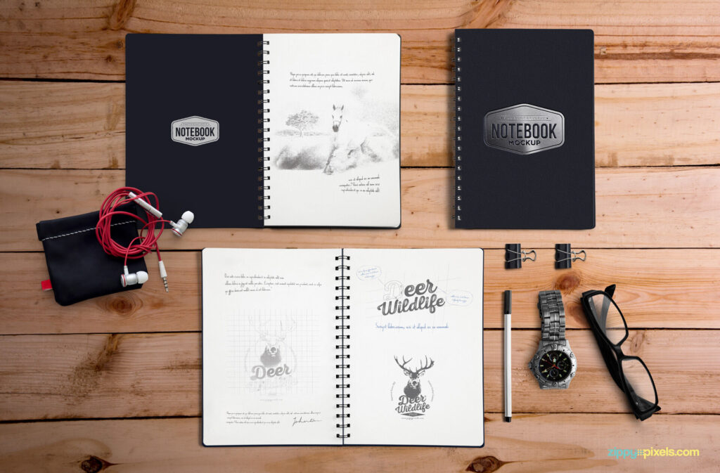 Moveable Collection of Stationery Objects on a Table Mockup