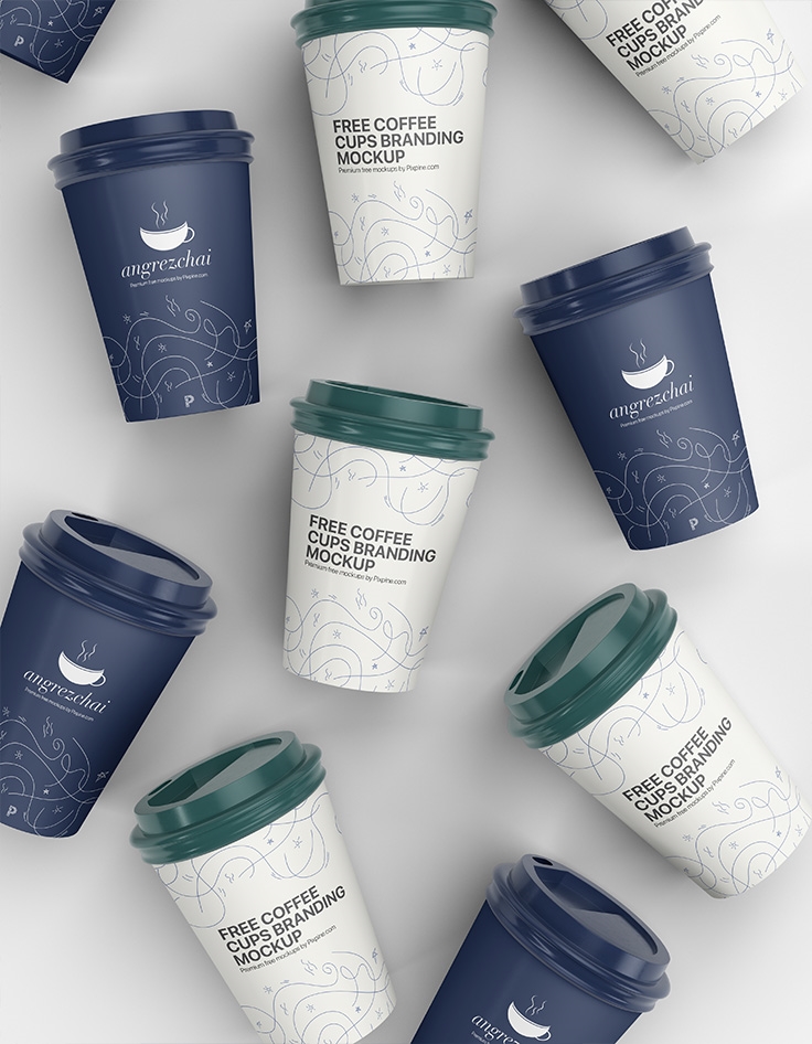 Multiple Coffee Cups Branding Mockup from an Aerial View
