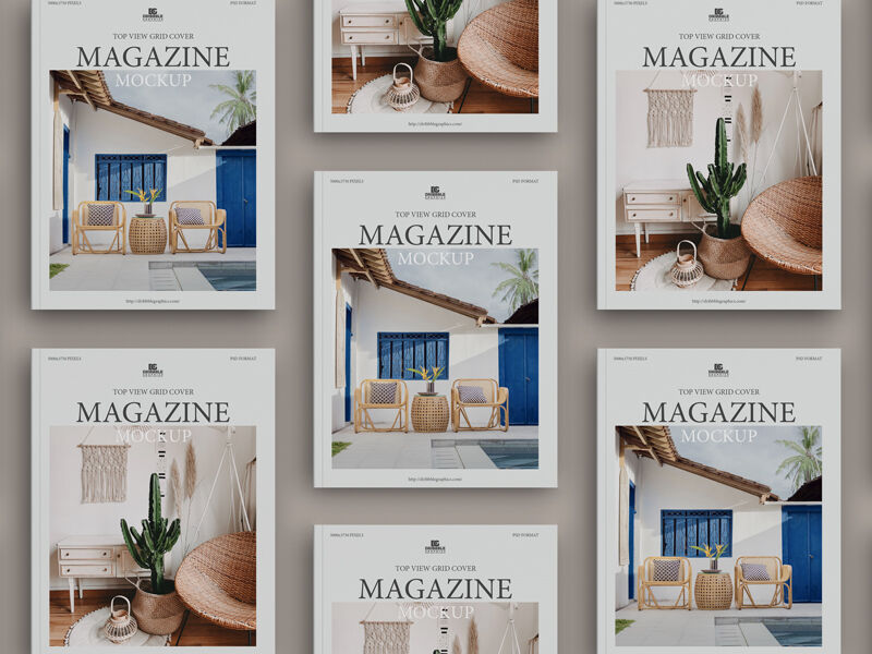 Multiple Grid Cover Magazines Mockup in Three Row