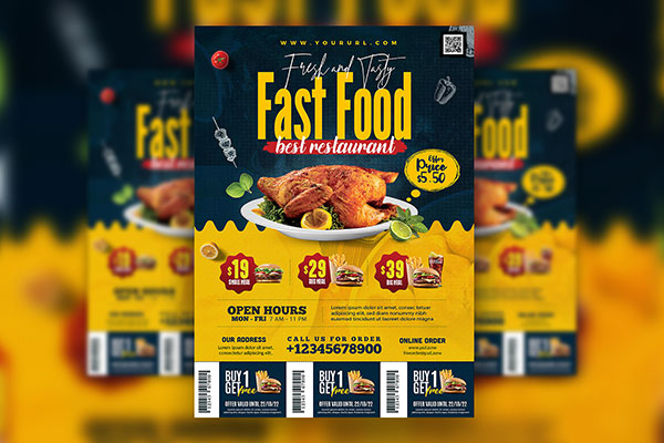 Navy Blue and Yellow Fast Food Restaurant Flyer Template