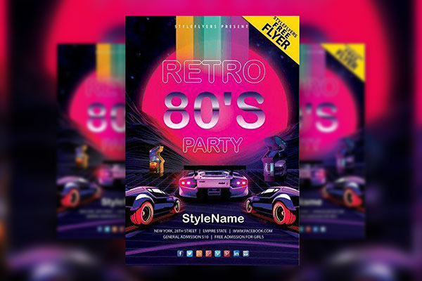 Neon 80s Retro with Cars Party Flyer Template