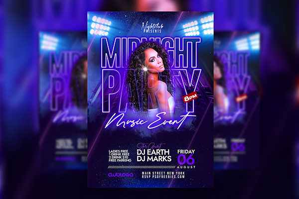 Neon Blue Midnight Club DJ Party Flyer Template