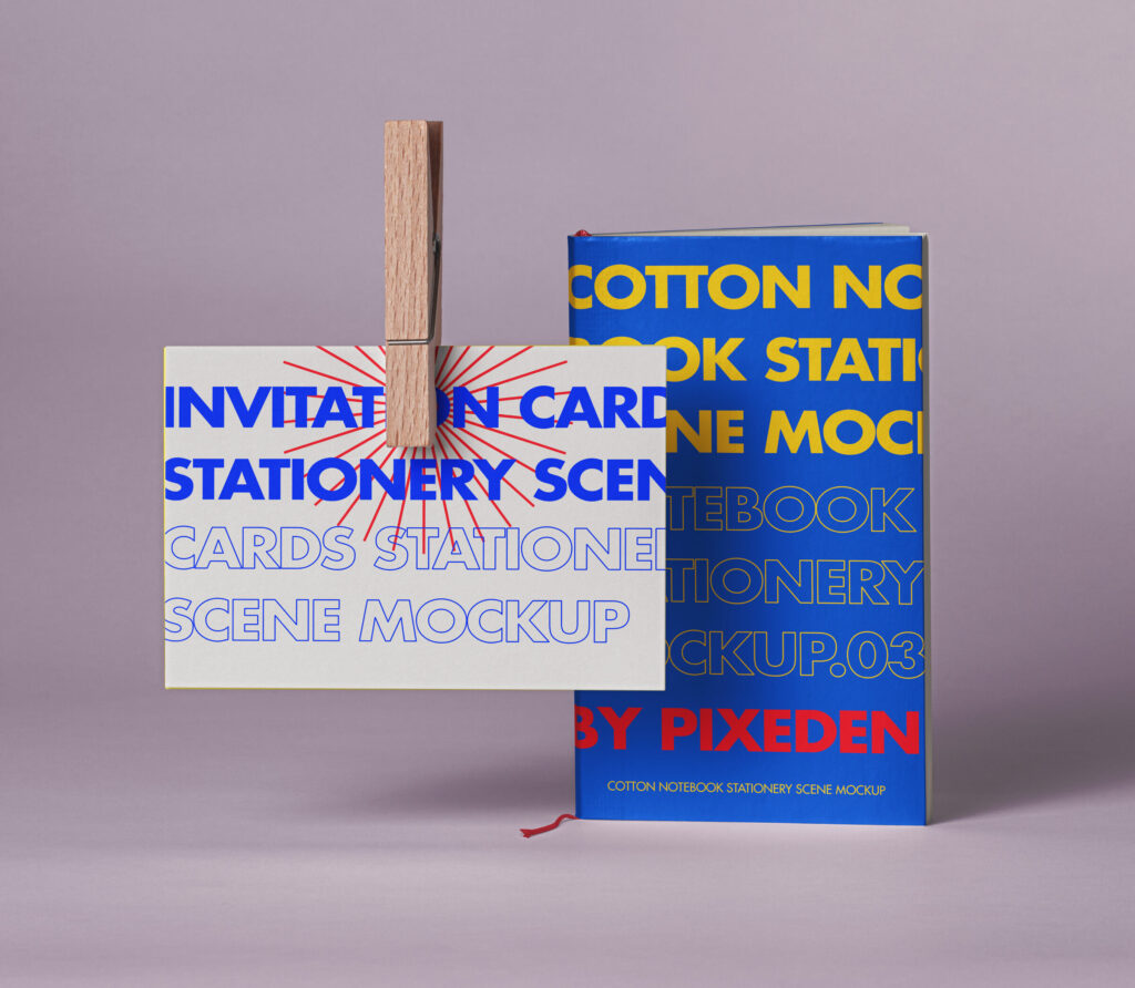 Notebook and Pin Holding Card Showcase Mockup