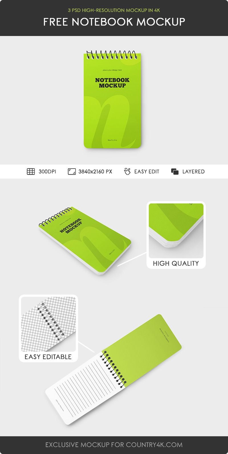Notebook Mockup in 3 Different Sights FREE PSD