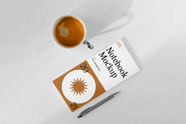 Notebook Mockup with Pen and Cup of Coffee