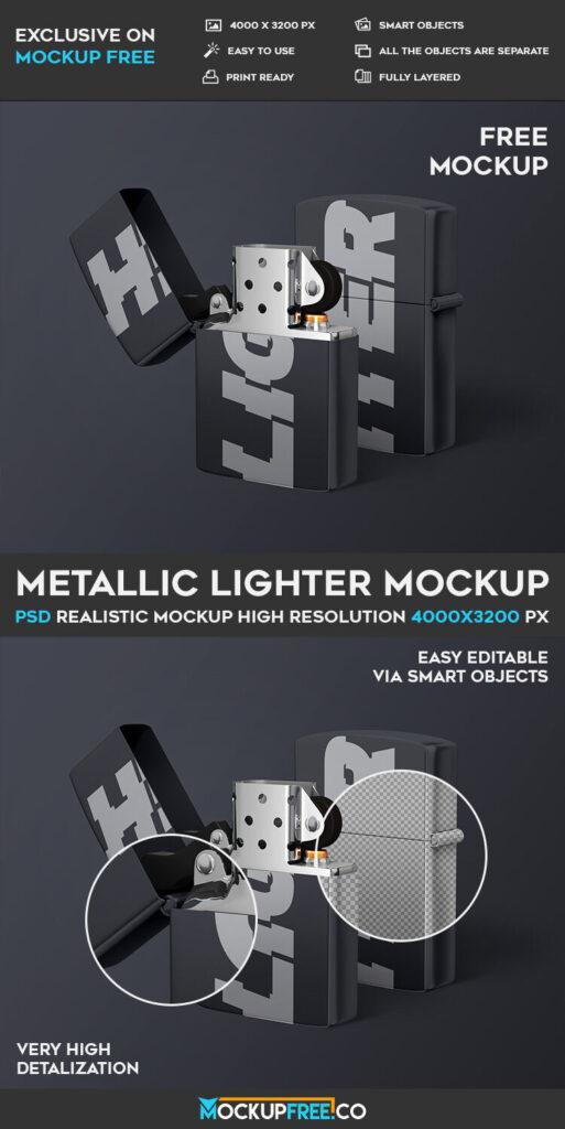 Open and Closed Metallic Zippo Lighter Mockup