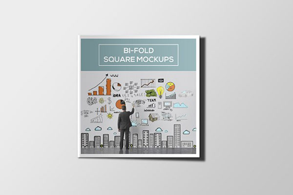 Three Open and Closed Square Bi-Fold Brochure Mockups