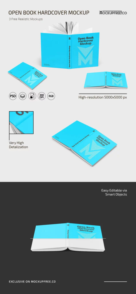 Open Book Hardcover Mockup in 3 Sights