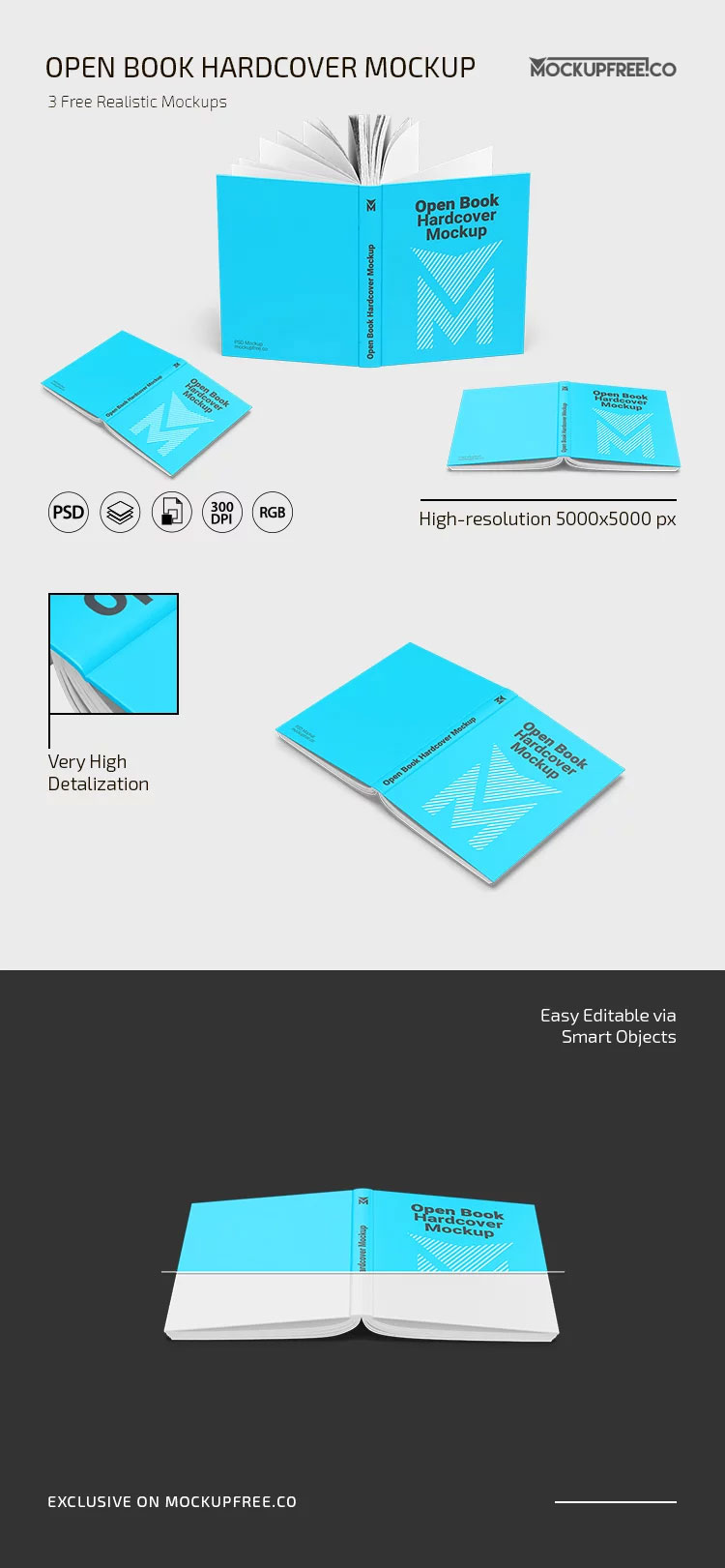Free Open Book Hardcover Mockup in 3 Sights PSD Template