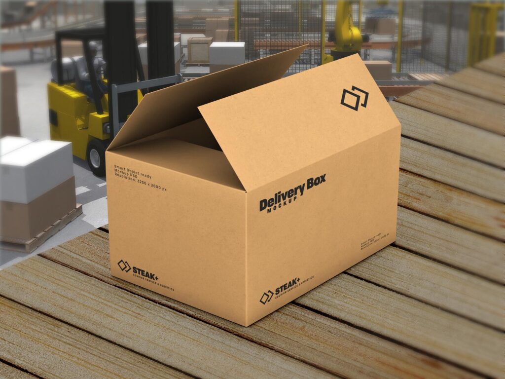 Open Cardboard Packaging Delivery Box in a Storage Mockup