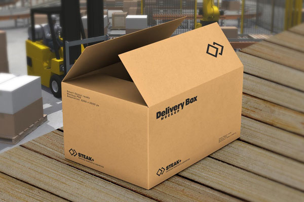 Open Cardboard Packaging Delivery Box in a Storage Mockup