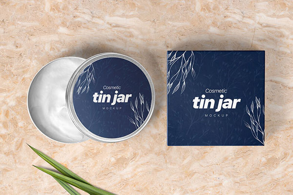 Open Cosmetic Tin Jar and Box Packaging Mockup with Leaves