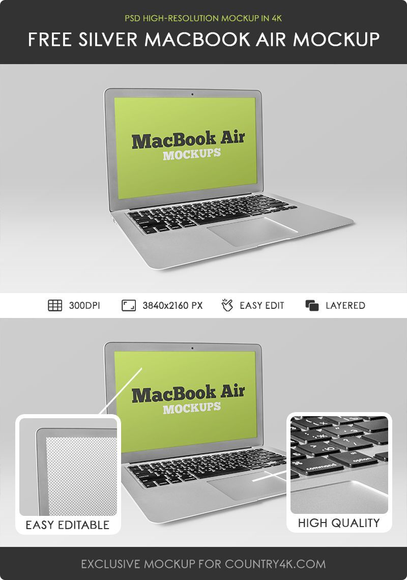 Open Silver MacBook Air Mockup FREE PSD