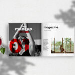 Opened Magazine Mockup Between a Cup of Tea and a Wheat Branch