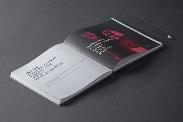 Opened, Square Hardcover Book Mockup in Perspective