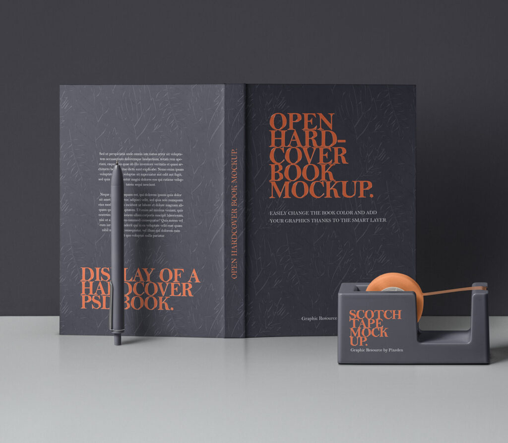 Opened Standing Hardcover Book Back View and Tape Dispenser Mockup